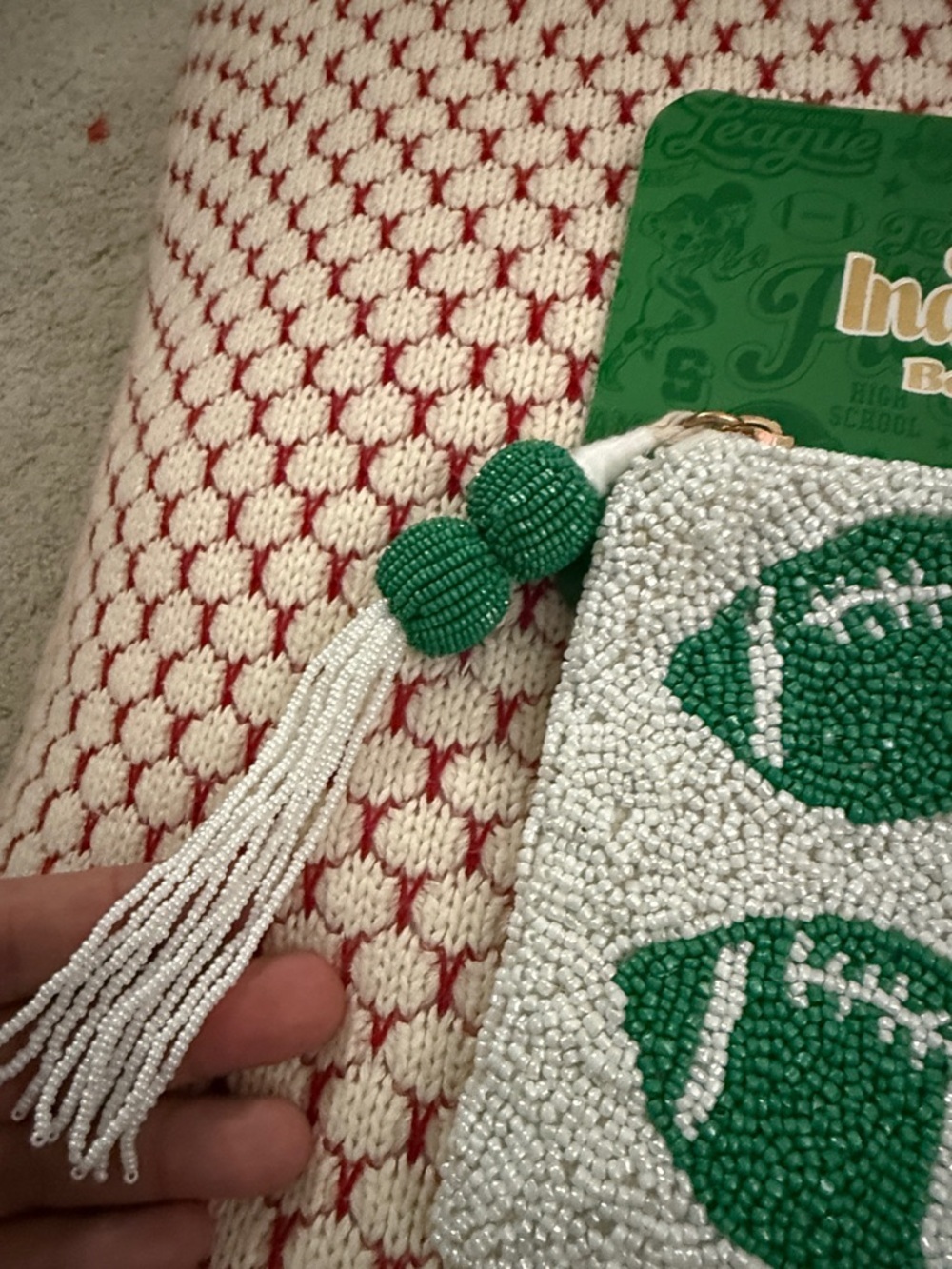 Wandering Moon India Handmade White Beaded Mini Pouch with Green Football Design - Picture 3 of 5